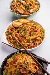 Manchurian Hakka / Schezwan noodles with chicken and egg, popular indochinese food served in a bowl. selective focus