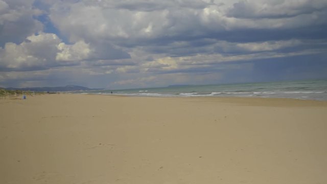 Beach in Oliva Spain with pan to the right on a cloudy day