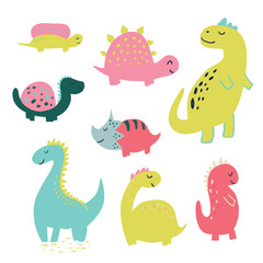 Set of cute hand drawn vector dinosaur characters. Kids illustration