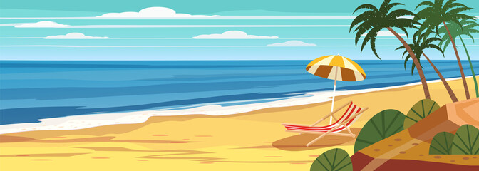Fototapeta na wymiar Summer seascape, beach, summer vacation, chaise lounge umbrella on the sea