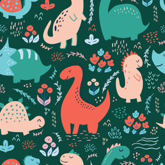 Naklejka premium Seamless pattern with cute hand drawn dinosaurs for baby and kids fabric, textiles, wallpapers and products