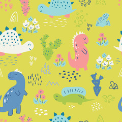 Seamless pattern with cute hand drawn dinosaurs for baby and kids fabric, textiles, wallpapers and products