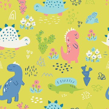 Seamless pattern with cute hand drawn dinosaurs for baby and kids fabric, textiles, wallpapers and products