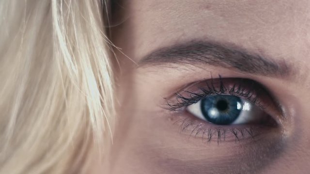 Extreme closeup of a blue eye of a beautiful European girl model looking at the camera.