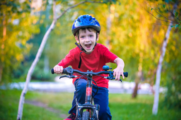 Happy kid boy of 6 years having fun in autumn forest with a bicycle on beautiful fall day. Active...
