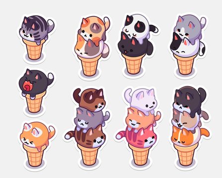 kawaii ice cream cats stickers. ice cream with different balls in the form of round kittens in the waffle cone. Funny stickers for your design.