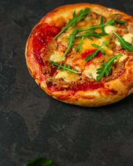 pizza, mushrooms, arugula, tomato sauce, cheese. food background