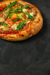 pizza, mushrooms, arugula, tomato sauce, cheese. food background