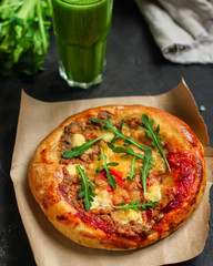 pizza, mushrooms, arugula, tomato sauce, cheese. food background