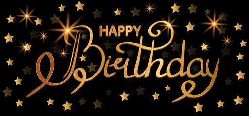 Happy birthday golden text hand lettering, typography design, greetings card on a black background with stars. Vector
