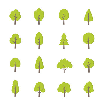 Green trees set. Flat style. Flat forest tree icon - stock vector.