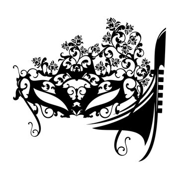 recommend clip art: elegant face mask decorated with rose flowers and venetian gondola boat black and white vector silhouette design