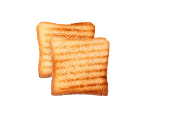 Two golden slices of toast bread isolated on a white background,