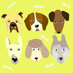 Set of cute vector heads of dogs on the yellow background. Funny cartoon dogs print design for poster or t-shirt.