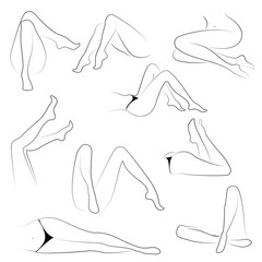 Collection. Picture with silhouettes of slender beautiful female feet. Different poses of legs when the girl sits, lies. Vector illustration set
