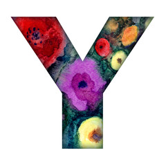 Letter "Y" of the Latin alphabet with watercolor floral texture, isolated on a white background.