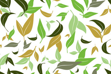 Seamless pattern with green tea leaves on white background. Hand painting on paper. May used in fabric, wrapping paper. Vector illustration.