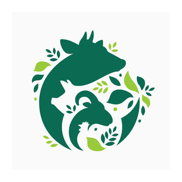 Farm animals logo. Vector illustration with cow, pig, goat and chicken.  Livestock pattern with farm animals and leaves. Green logo for agricultural company