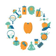 Biohacking round concept banner with icons in flat style