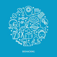 Biohacking round concept banner with icons in line style