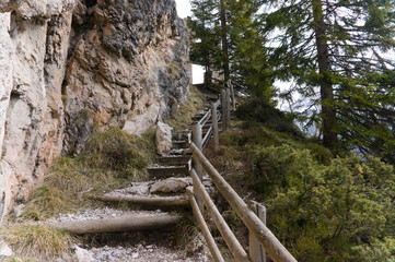 dangerous path to the old castle of wolkenstein in the rocks, dolomites