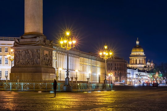 St. Isaac's Cathedral and Palace square at night, St. Petersburg, Russia