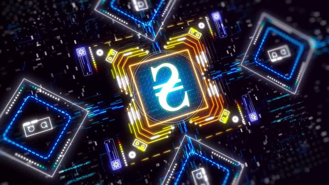 Ukrainian hryvnia money sign. Finance symbol futuristic animation with glow neon colors