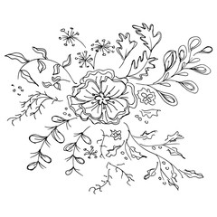 Engraved Hand Drawn Illustration Set Of Abstract Flowers Isolated on White. Hand Drawn Sketch of a Flowers