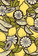 Graphic Summer Background with Fresh Lemons and Leaves - 263769324