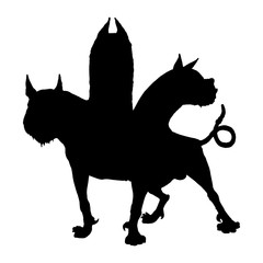 Multi headed dog Cerberus illustration. Hound of Hades. Greek mythology. Silhouette illustration. - obrazy, fototapety, plakaty