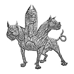 Multi headed dog Cerberus illustration. Hound of Hades. Greek mythology. - obrazy, fototapety, plakaty