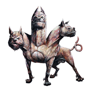 Multi headed dog Cerberus illustration. Hound of Hades. Greek mythology.