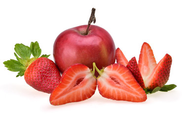 Appetitian composition of red apple and sliced ripe summer strawberries with green leaves on a...