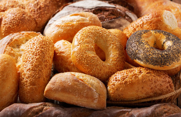 Fresh bread on wooden table