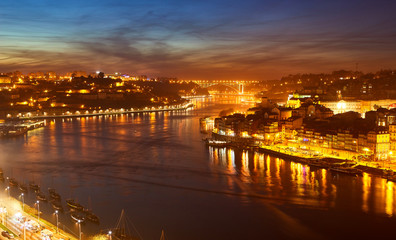Porto: night panorama of Ribeira and Douro river, Portugal