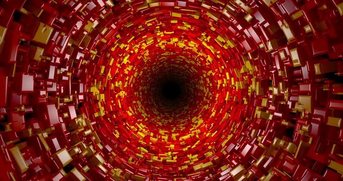 Moving through an abstract tunnel made from red boxes, looping animation