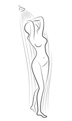 Silhouette of a cute lady. The girl washes in the shower. The woman has a beautiful slim figure. Vector illustration.