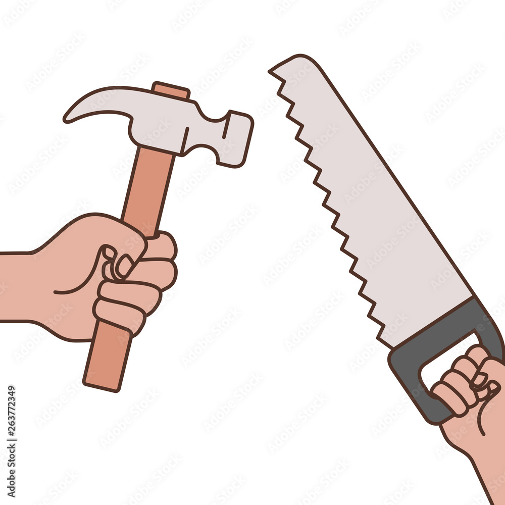 Wall mural hands with saw and hammer isolated icon