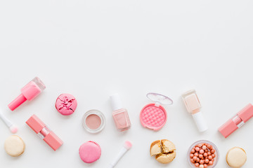 Decorative cosmetic for morning make up on white desk background flat lay copy space