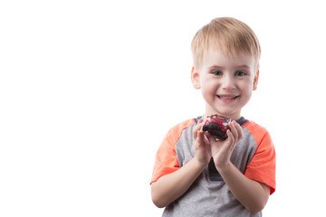 Portrait of happy joyful beautiful little boy isolated on white background.Happy smiling boy