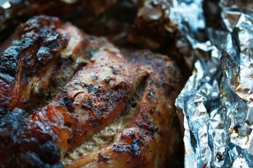 homemade baked meat in foil