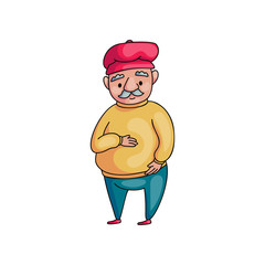 Senior man with grey mustachr in yellow sweater with red cap