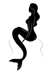 Silhouette of a fairy mermaid. Beautiful girl is sitting on a rock. The lady is young and slender. Vector illustration
