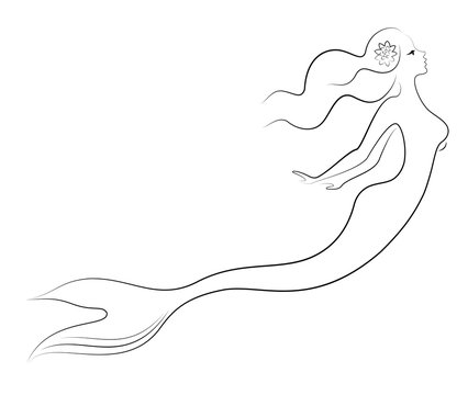 Silhouette of a mermaid. Beautiful girl is floating in the water. The lady is young and slender. Fantastic image of a fairy tale. Vector illustration