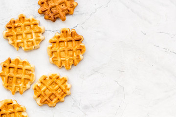 Traditional belgian waffles on marble table background top view mockup