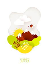 Summer card in paper art style with mountains, clouds, sun and plants on white background. Vector banner.