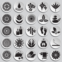 Yoga related icons set on plates background for graphic and web design. Simple vector sign. Internet concept symbol for website button or mobile app.
