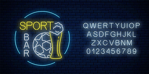 Glowing neon sport bar sign with alphabet. Soccer ball with glass of beer as pub with live sport broadcast signboard.