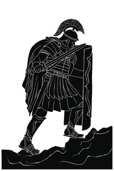 Ancient Roman warrior with a sword and shield in his hands is ready to attack. Vector illustration isolated on white background.