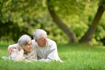 Fototapeta premium Portrait of happy senior couple lying on green grass in summer park